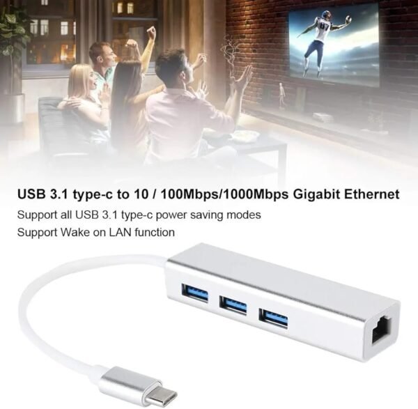 Adaptador de red tipo C a Rj45 + 3 Puertos usb
