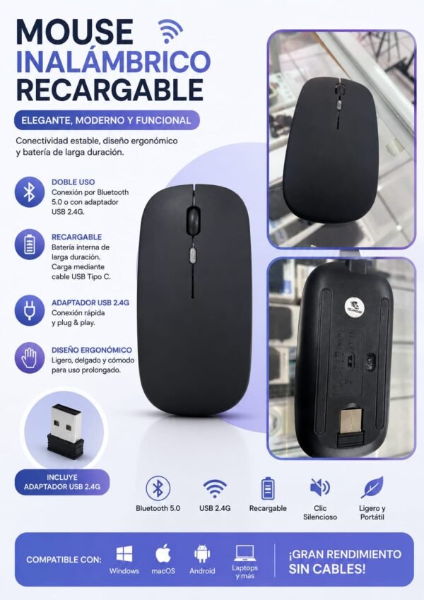 Mouse recargable Inalámbrico + Bluetooth