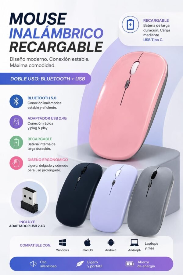 Mouse recargable Inalámbrico + Bluetooth