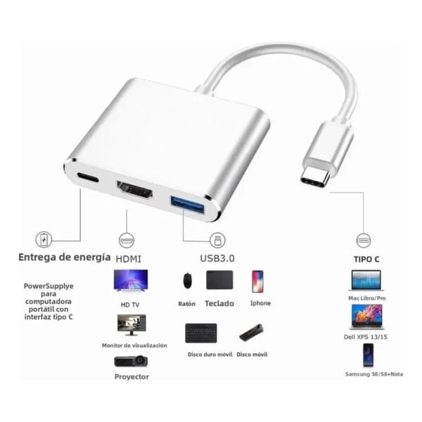 Adaptador tipo C a USB - HDMI - TIPO C 3 EN 1